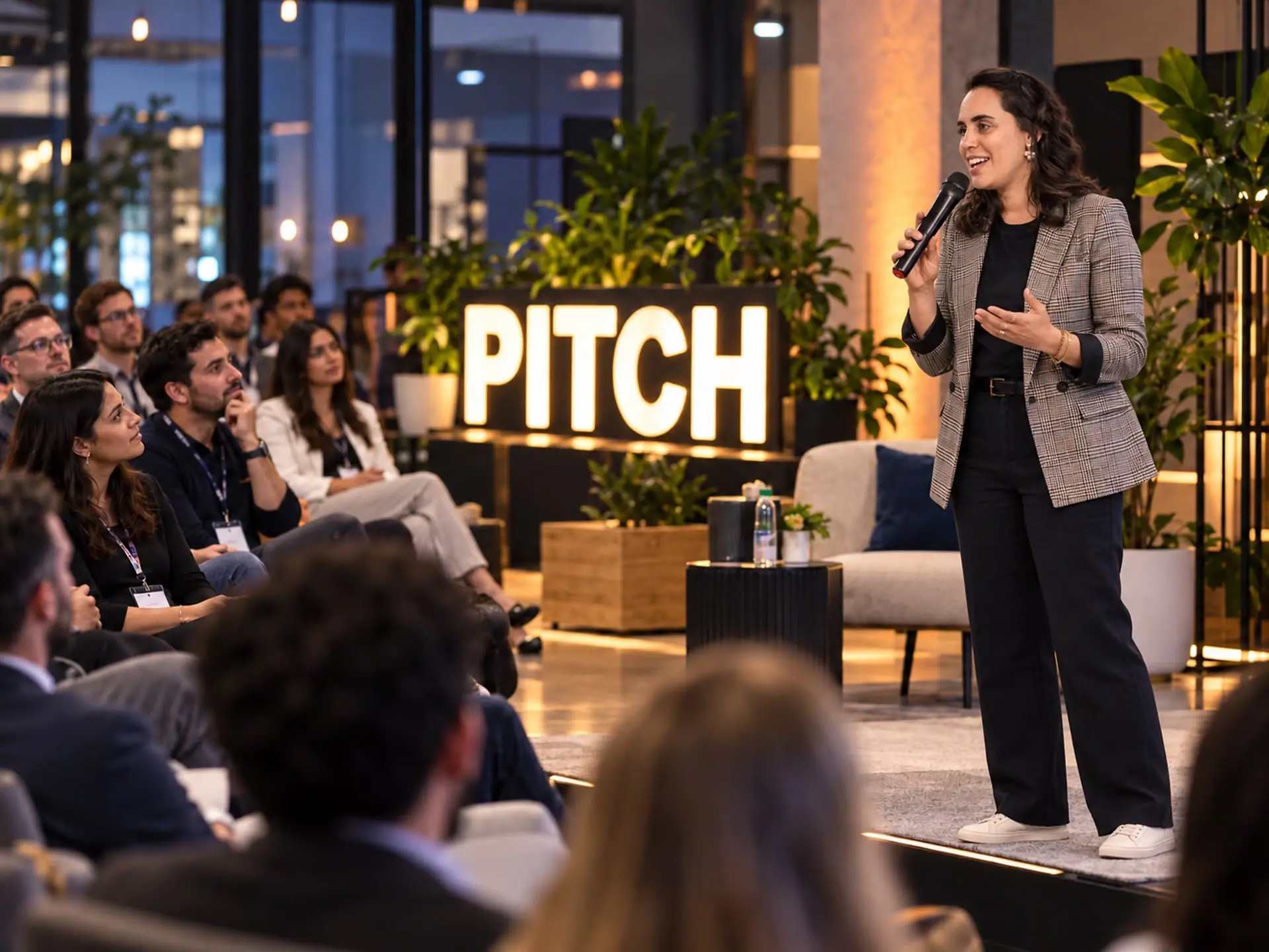 Founder pitching on stage with a glowing PITCH sign behind her at a Builder Lab event