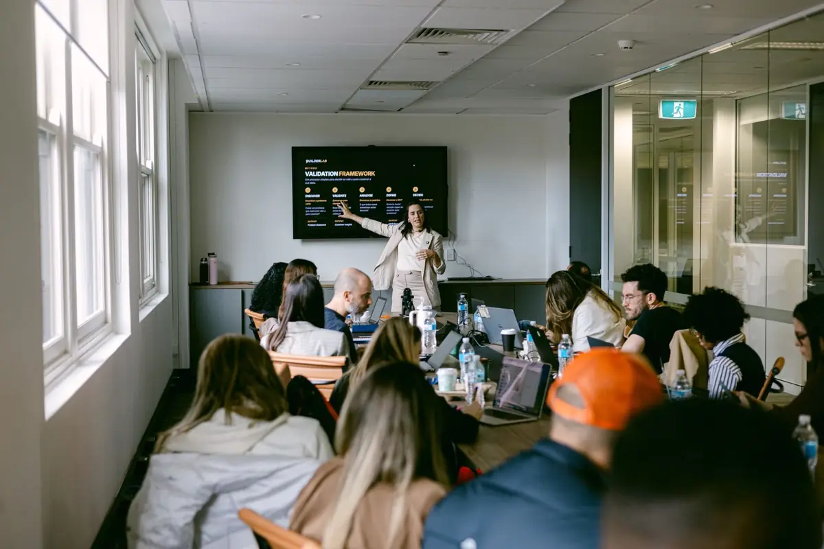 Builder Lab founder presenting the Validation Framework to founders in a workshop